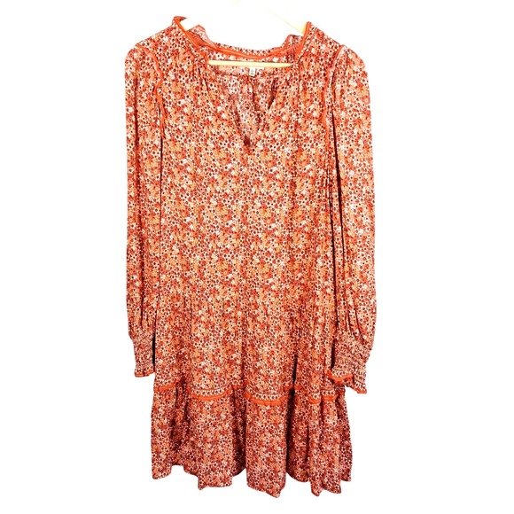 Max Studio Dark Floral Tiered Mini Dress Size L Bohemian Western Peasant Cottage - Picture 1 of 14